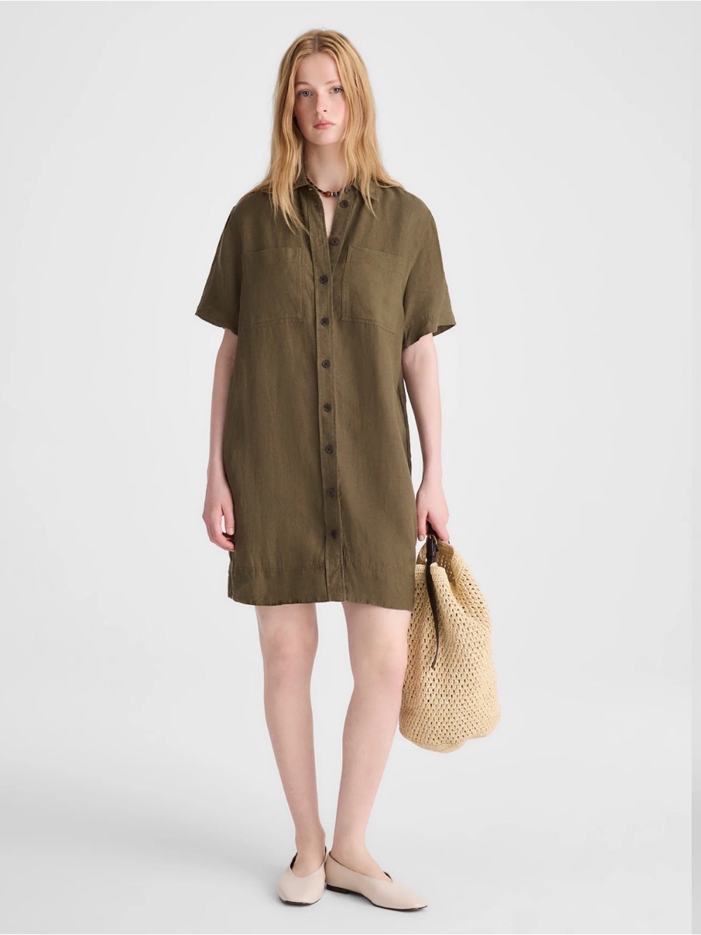 Madewell Relaxed Mini Shirtdress in 100% Linen Faded Ivy Green Medium